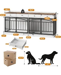 homfan Double Dog Crate Furniture for 2 Small/Medium Dogs with Drawers, Doors, Feeding Bowls, Wooden Indoor Kennel & Tv Stand