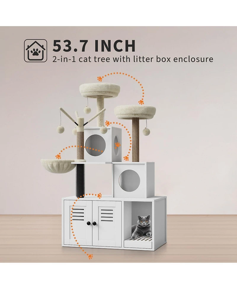Homfan 2-in-1 Modern Cat House & Litter Box Enclosure with Tree, Hidden Washroom, Hammock, Scratching Posts Soft Perches