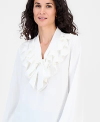 Kasper Petite Solid Georgette Ruffle-Neck Blouse
