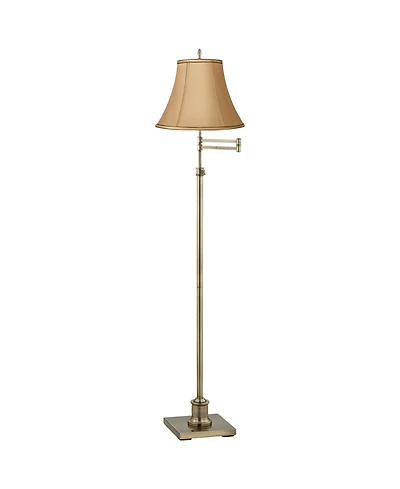 360 Lighting Traditional Swing Arm Floor Lamp Adjustable Height 70" Tall Antique Brass Tan Bell Shade Brown Trim for Living Room Reading