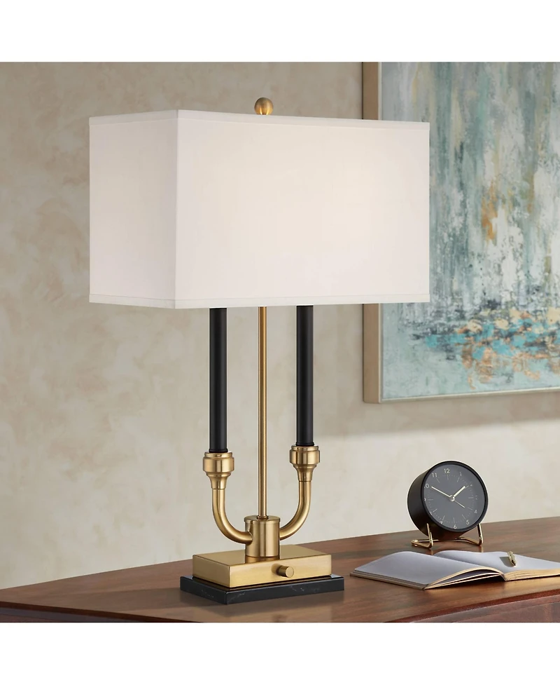 Stiffel Barclay 28" Tall Traditional Table Lamp Dual Usb Ports Black Gold Finish Metal Single White Shade Living Room Charging