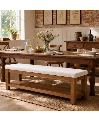 Tribesigns Solid Wood Dining Bench with Sturdy Frame, Farmhouse Upholstered Bench with 2-Tier Storage Shelf for Dining Room, Living Room, Hallway