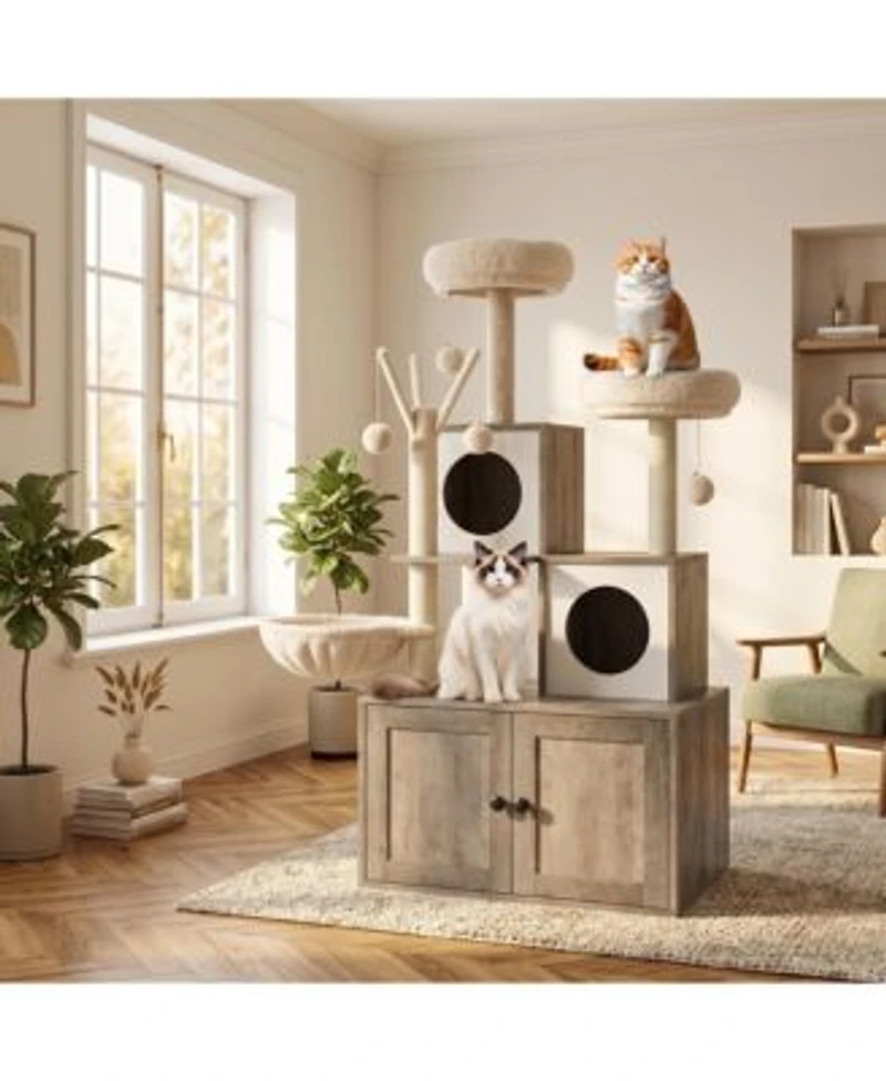 Homfan 2 In 1 Cat Litter Box Enclosure With Tower Scratching Post Soft Perch Multi Level Platforms Cat Toy For Indoor Use
