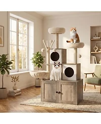 Homfan 2 In 1 Cat Litter Box Enclosure With Tower Scratching Post Soft Perch Multi Level Platforms Cat Toy For Indoor Use