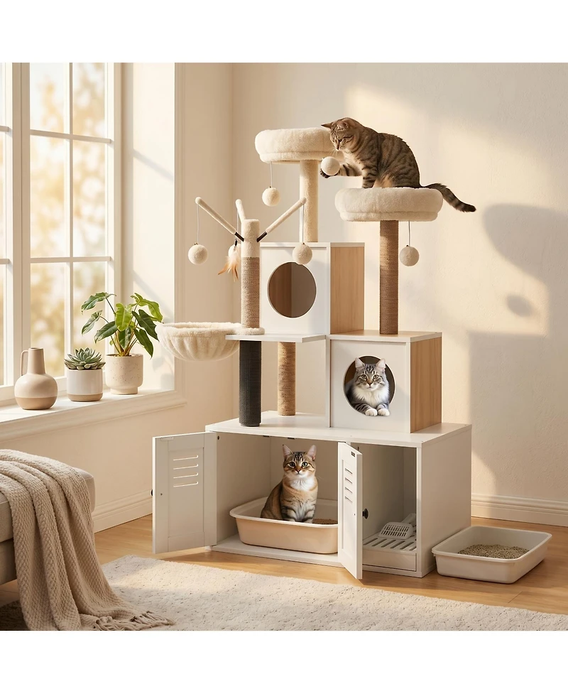 Homfan 2-in-1 Cat Litter Box Enclosure with Tower, Scratching Post, Soft Perch, Multi-Level Platforms & Toy for Indoor Use