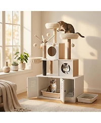 Homfan 2-in-1 Cat Litter Box Enclosure with Tower, Scratching Post, Soft Perch, Multi-Level Platforms & Toy for Indoor Use
