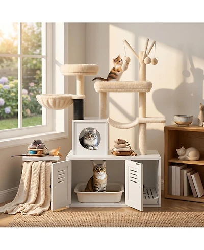 Homfan 2-in-1 Cat Litter Box Enclosure with Tower, Scratching Post, Soft Perch, Multi-Level Platforms & Cat Toy for Indoor Use