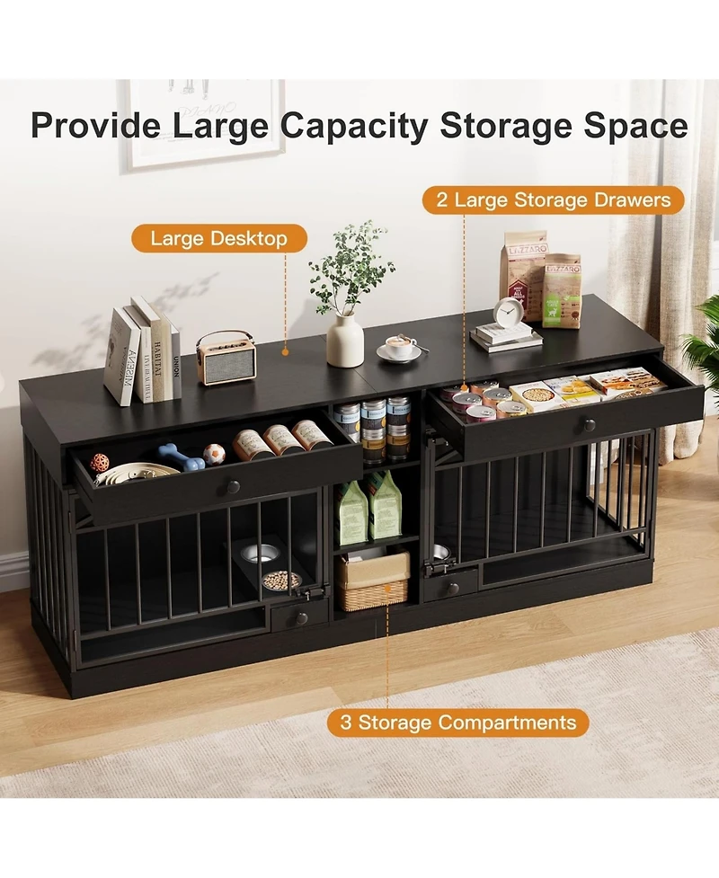 homfan Double Dog Crate Furniture for 2 Small/Medium Dogs with Drawers, Shelves, Feeding Bowls, Indoor Kennel & Tv Stand