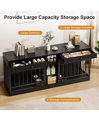 homfan Double Dog Crate Furniture for 2 Small/Medium Dogs with Drawers, Shelves, Feeding Bowls, Indoor Kennel & Tv Stand