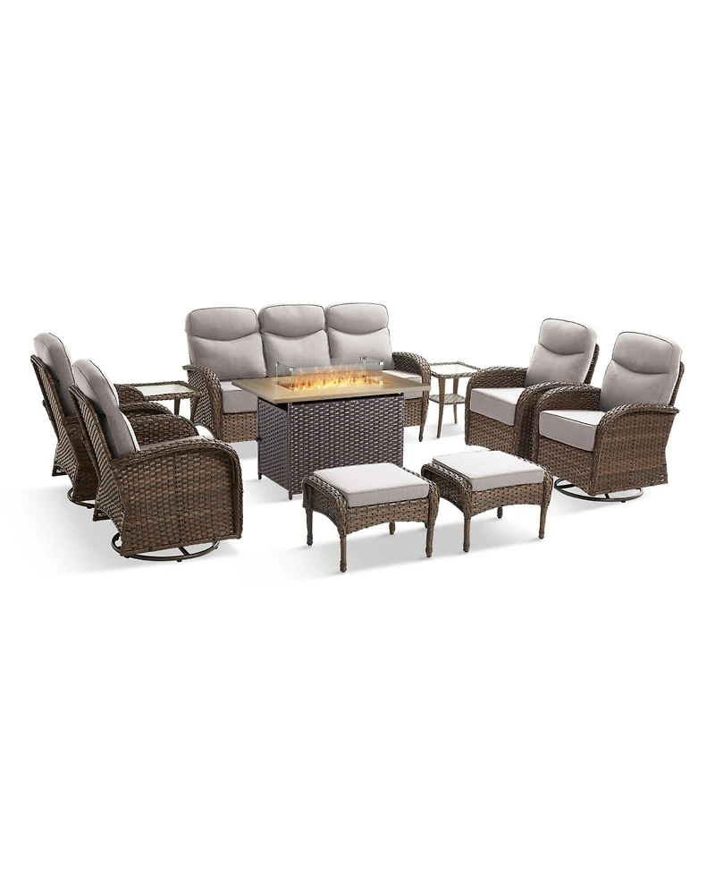 Pocassy 10 Pieces Patio Furniture Set, Outdoor Wicker Sofa Couch with Rocking Swivel Chairs Fire Pit Table, Modern Deep Seat Rattan Conversation Sets