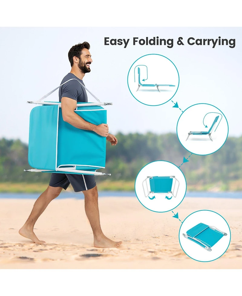 Sugift Set of 2 5-Position Lay-Flat Beach Recliners with Carry Strap and Metal Frame