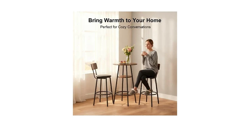 Flynama 3-Piece Round Bar Table Set with 2-Tier Storage and Pu Stools for Small Corner