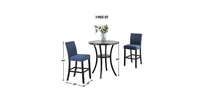 Flynama 3-Piece 36" Round Bar Table Set with 2 Fabric Nail Head Pub Stools