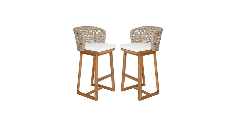 Flynama Set of 2 Outdoor Acacia Wood Bar Stools, Teak Finish with Cushion and Wicker Back