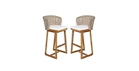 Flynama Set of 2 Outdoor Acacia Wood Bar Stools, Teak Finish with Cushion and Wicker Back