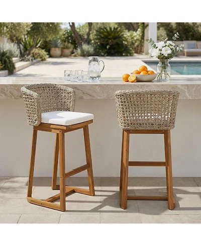 Flynama Set of 2 Outdoor Acacia Wood Bar Stools, Teak Finish with Cushion and Wicker Back