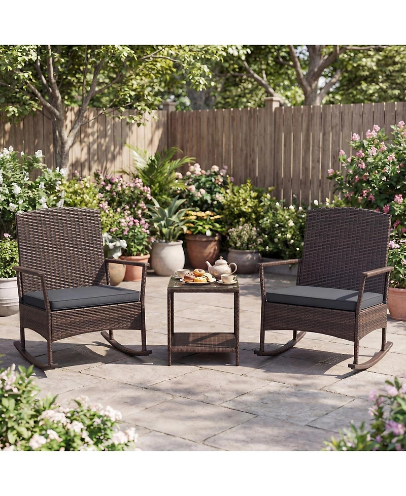 Gymax 3 Piece Patio Rocking Bistro Set 2 Rattan Armchairs w/ 2-Tier Side Table