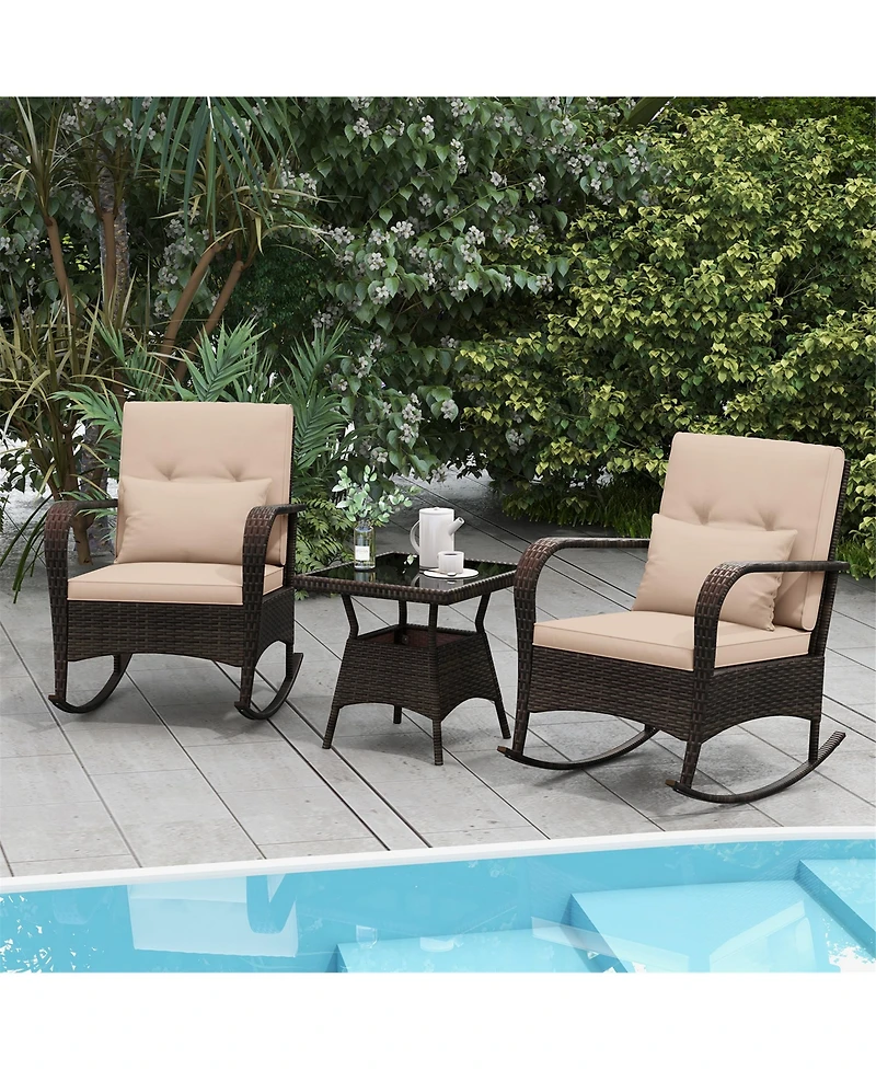 Gymax 3Pieces Outdoor Rocking Set Rattan Rocker Chairs w/ Tempered Glass Coffee Table Wicker Rocker Set