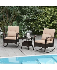 Gymax 3Pieces Outdoor Rocking Set Rattan Rocker Chairs w/ Tempered Glass Coffee Table Wicker Rocker Set