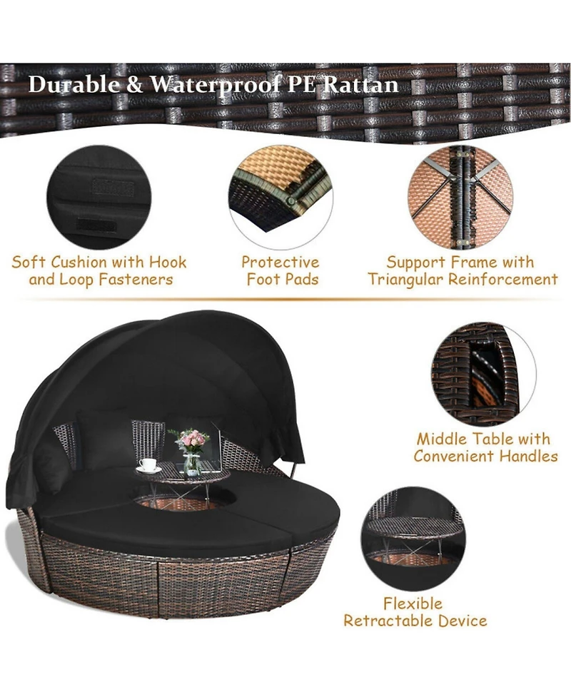 Sugift Patio Round Rattan Daybed with Retractable Canopy and Height Adjustable Coffee Table