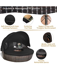 Sugift Patio Round Rattan Daybed with Retractable Canopy and Height Adjustable Coffee Table