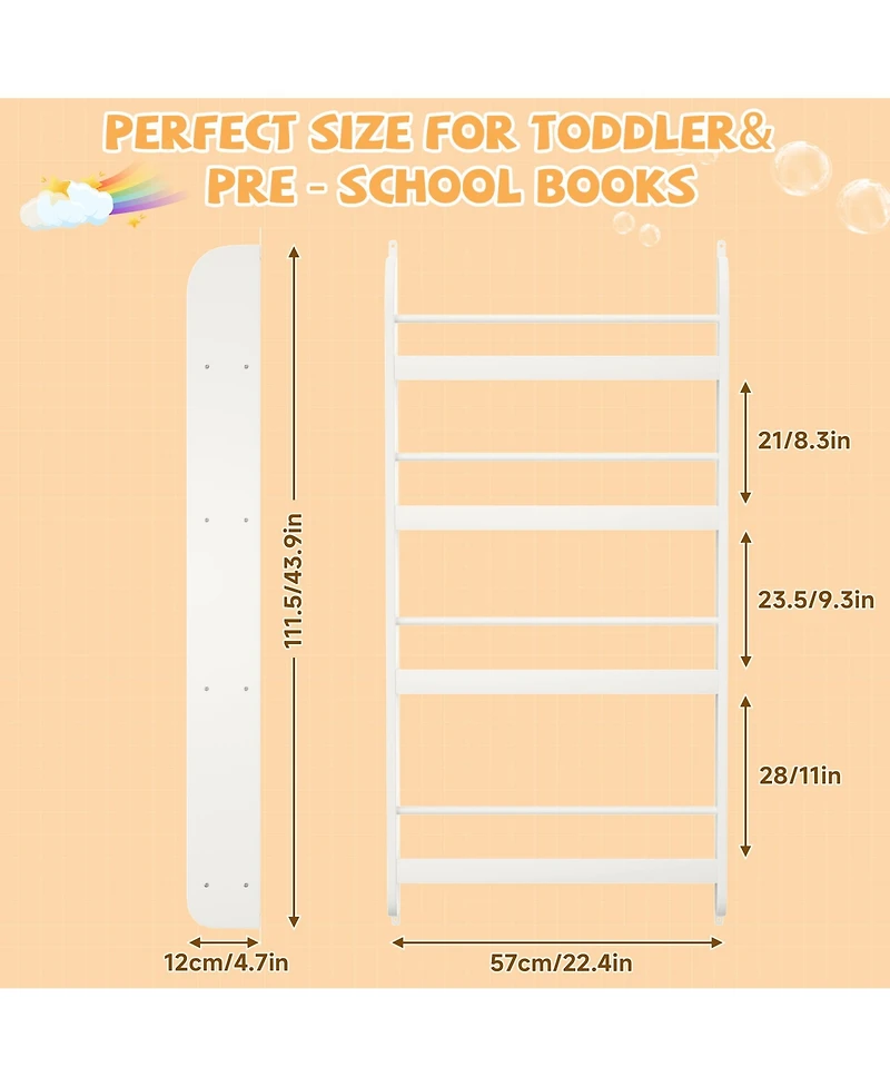 Flynama 4-Tier Wall-Mounted Kids Bookshelf Anti-Tip Design High Safety Space-Saving Nursery Toy Book Organizer