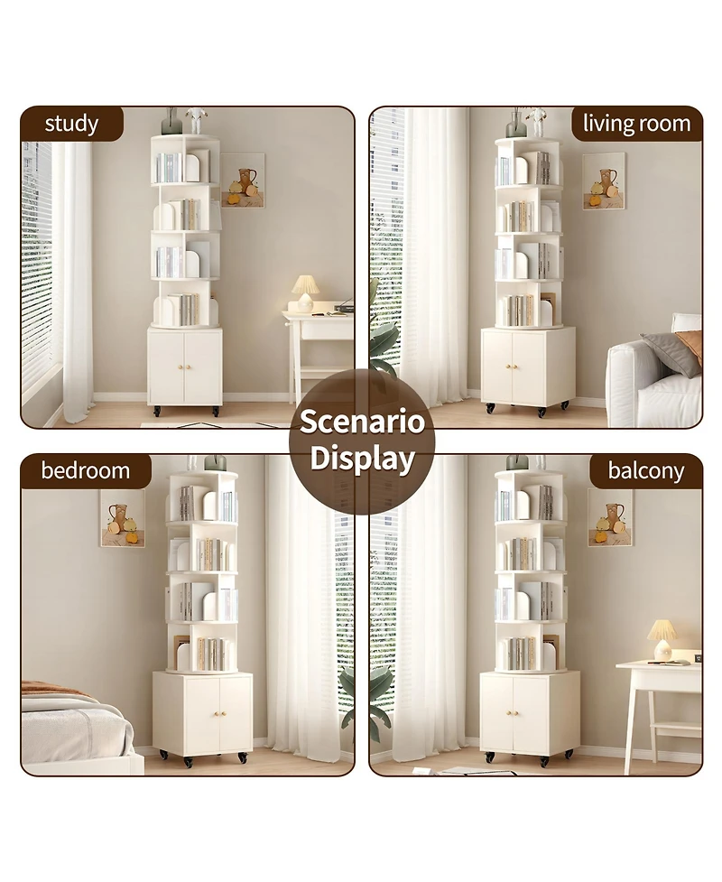 Flynama 5-Tier Rotating Bookshelf with Double Door Drawer, Slim Wooden Corner Storage Cabinet for Home