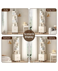 Flynama 5-Tier Rotating Bookshelf with Double Door Drawer, Slim Wooden Corner Storage Cabinet for Home