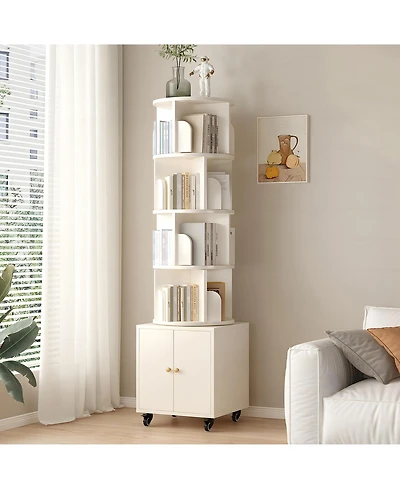 Flynama 5-Tier Rotating Bookshelf with Double Door Drawer, Slim Wooden Corner Storage Cabinet for Home