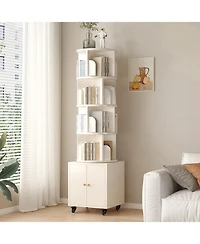 Flynama 5-Tier Rotating Bookshelf with Double Door Drawer, Slim Wooden Corner Storage Cabinet for Home