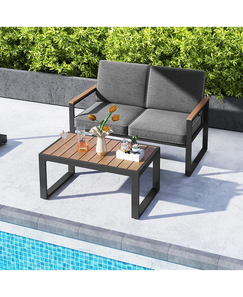 Sugift 2-Piece Aluminum Patio Loveseat Set with Wood-Plastic Armrests and Coffee Table