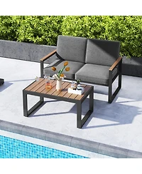 Sugift 2-Piece Aluminum Patio Loveseat Set with Wood-Plastic Armrests and Coffee Table