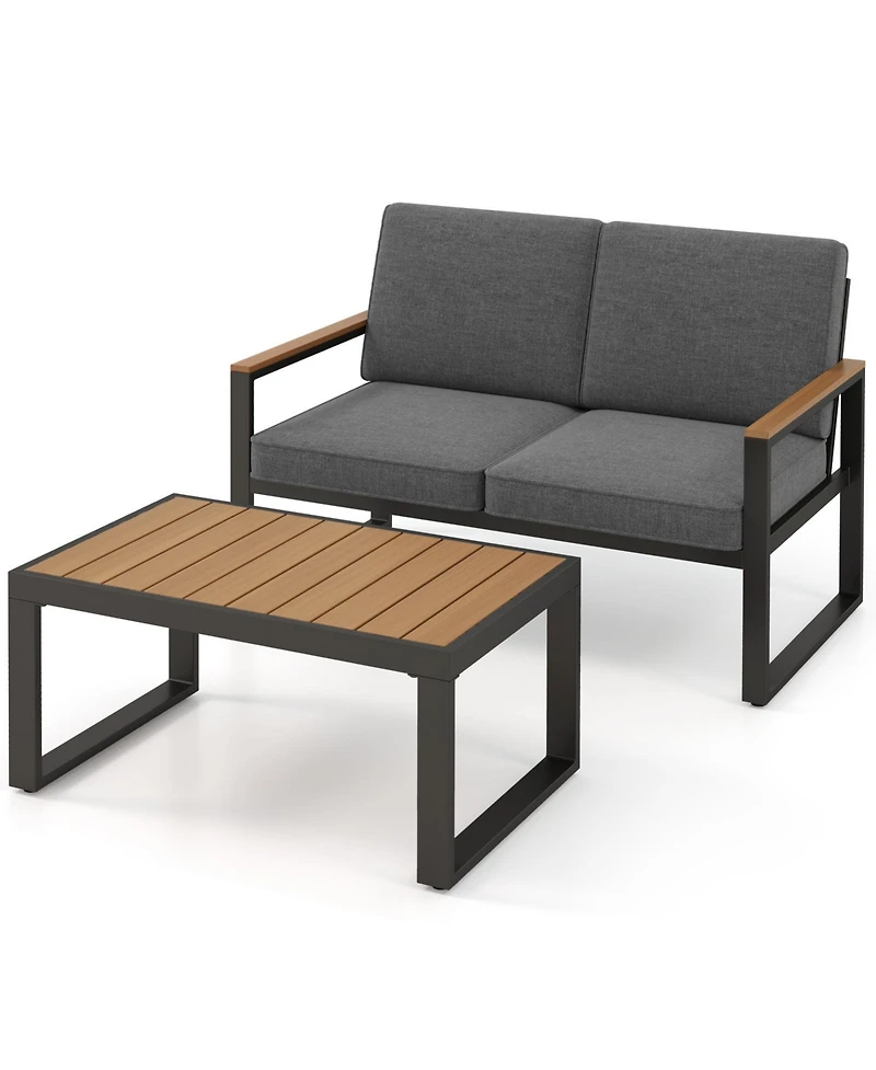 Sugift 2-Piece Aluminum Patio Loveseat Set with Wood-Plastic Armrests and Coffee Table