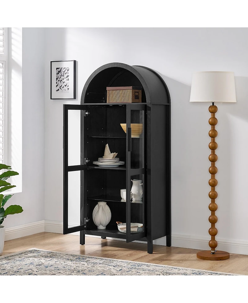 Flynama High Arched Led Light Storage Cabinet Mdf Poplar Wood Adjustable Glass Partition Multi-Functional Home Display Cabinet