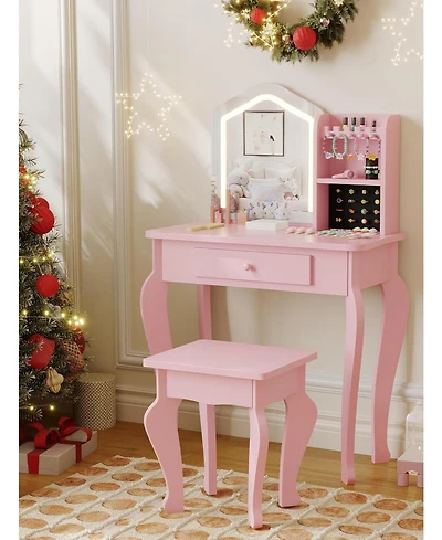gaomon Toddler Lighted Vanity Set with Stool, 3-8 Years Girls Makeup Table and Pretend Play Set