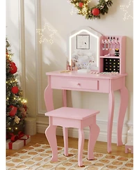 gaomon Toddler Lighted Vanity Set with Stool, 3-8 Years Girls Makeup Table and Pretend Play Set