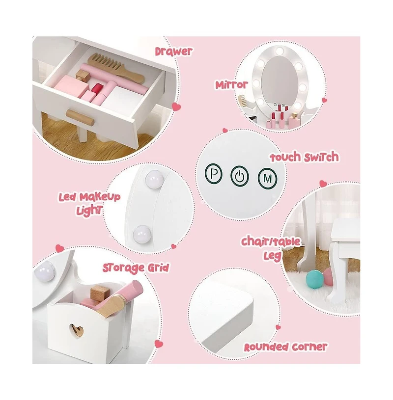 gaomon Toddler Lighted Vanity and Stool Set, Perfect Gift Girls Makeup Pretend Play Table