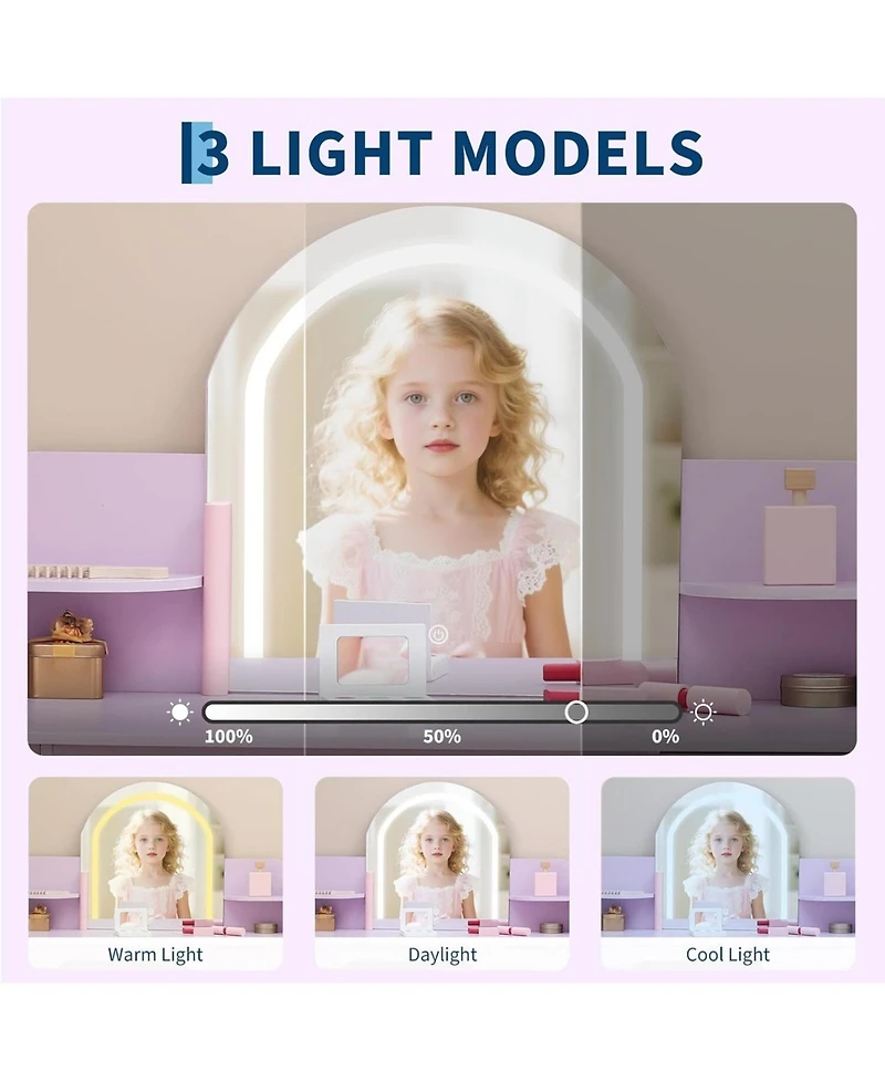 gaomon 2-in-1 Kids Vanity Set, Lighted Mirror Table with Stool, Bookshelf and Makeup Palette Kit