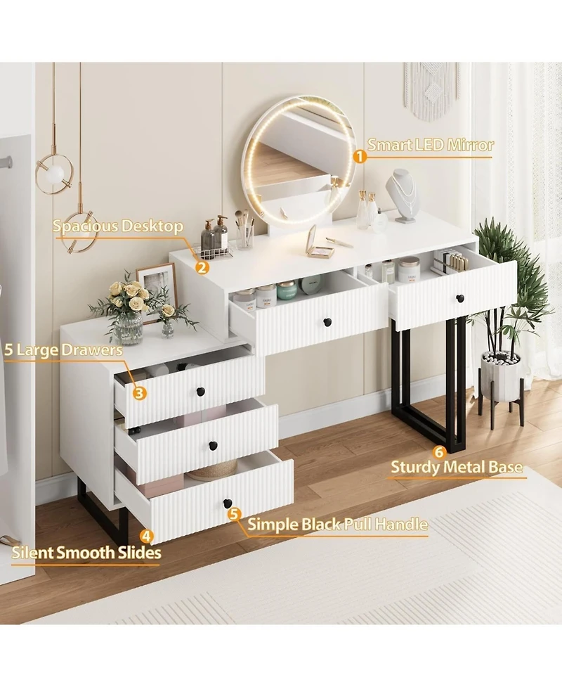gaomon 5-Drawer Lighted Mirror Vanity, Roomy Makeup Desk for Bedroom Storage