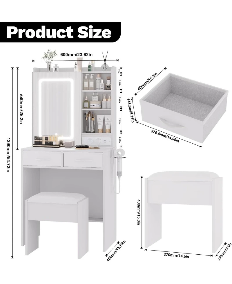 gaomon 2-Drawer Vanity Desk Set, Lighted Makeup Table with Power Outlet, Usb Ports and Stool
