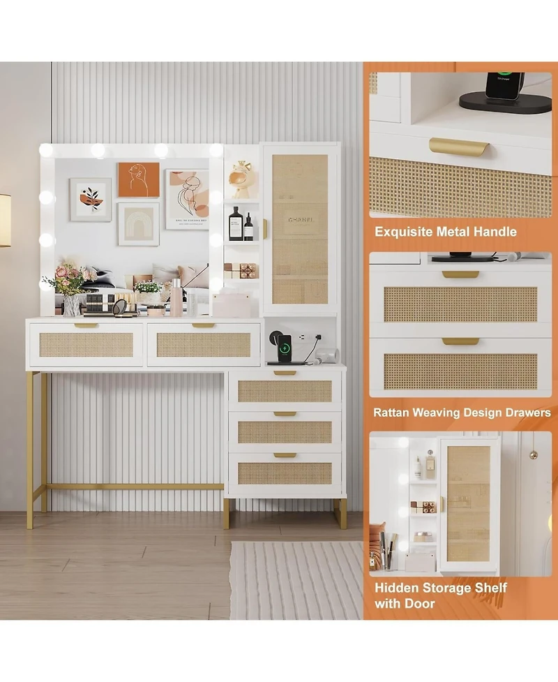 gaomon 5-Drawer 7-Shelf Vanity Desk, Lighted Mirror Makeup Table for Ultimate Storage
