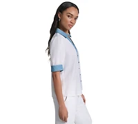 Karl Lagerfeld Paris Petite Collared Button-Front Blouse