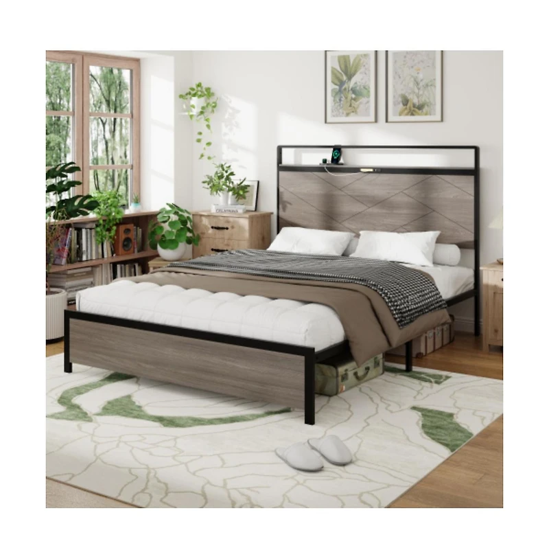 Lucky One Queen Size Wood Platform Bed Frame with Storage Led Headboard, Usb Charging, Metal Slats, No Box Spring Needed