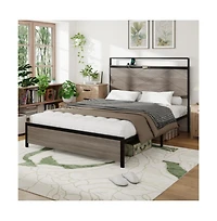 Lucky One Queen Size Wood Platform Bed Frame with Storage Led Headboard, Usb Charging, Metal Slats, No Box Spring Needed