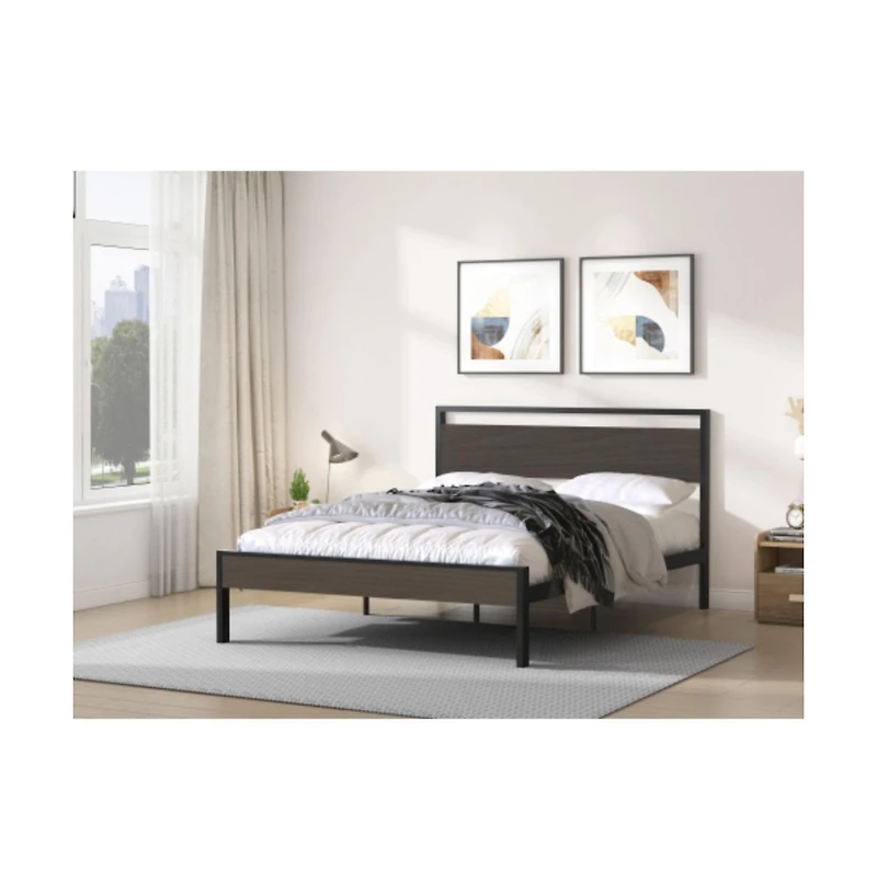 Lucky One Queen Size Ceres Metal Bed with Walnut Wood Headboard and Footboard, Industrial Style, Metal Slats, No Box Spring Needed