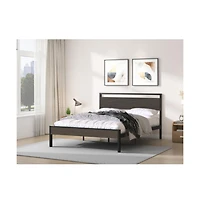 Lucky One Queen Size Ceres Metal Bed with Walnut Wood Headboard and Footboard, Industrial Style, Metal Slats, No Box Spring Needed