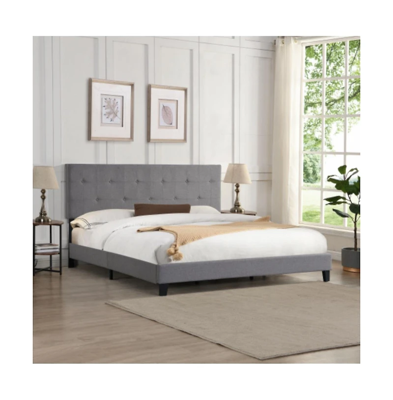 Lucky One King Size Upholstered Platform Bed Frame with Button Tufted Linen Headboard, Wood Slat Support, No Box Spring Needed