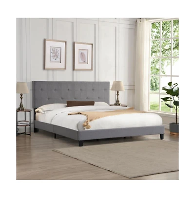 Lucky One King Size Upholstered Platform Bed Frame with Button Tufted Linen Headboard, Wood Slat Support, No Box Spring Needed