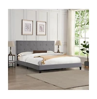 Lucky One King Size Upholstered Platform Bed Frame with Button Tufted Linen Headboard, Wood Slat Support, No Box Spring Needed
