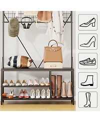 homfan Freestanding Clothes Rack, 72 Inch Metal and Wood Hall Tree with Hanging Rod Shoe Storage for Entryway